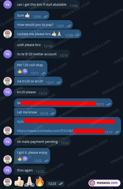 Buyer feedback screenshot posted on the Mexaccs Telegram channel on 22 Jun 2025 (2k account has been sold)