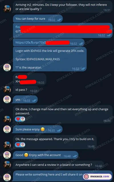Buyer feedback screenshot posted on the Mexaccs Telegram channel on 2 Aug 2025 (2k account has been sold)