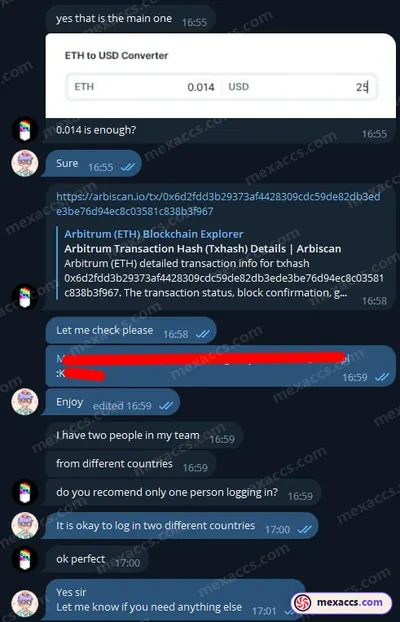 Buyer feedback screenshot posted on the Mexaccs Telegram channel on 13 Aug 2023