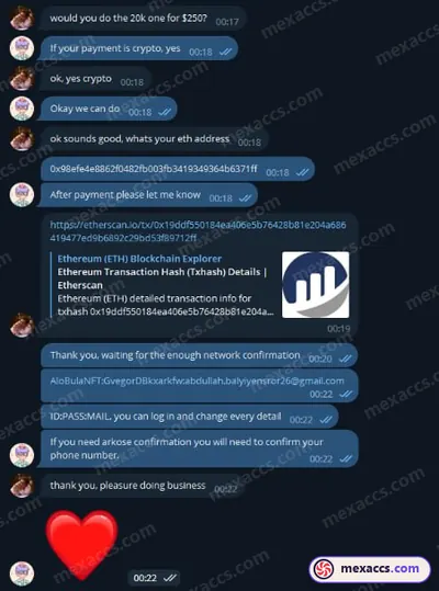Buyer feedback screenshot posted on the Mexaccs Telegram channel on 12 Jul 2023