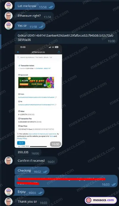 Buyer feedback screenshot posted on the Mexaccs Telegram channel on 20 Aug 2023