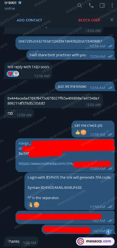 Buyer feedback screenshot posted on the Mexaccs Telegram channel on 5 Jan 2026 (6k account has been sold)