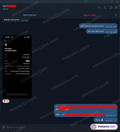 Buyer feedback screenshot posted on the Mexaccs Telegram channel on 3 Aug 2026 (2k account has been sold)