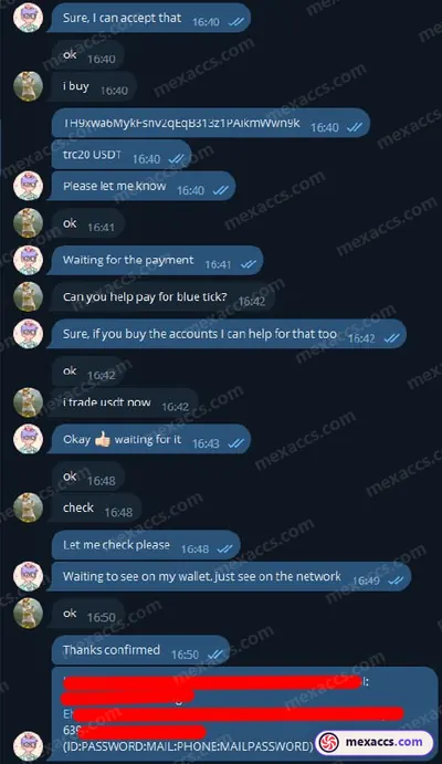 Buyer feedback screenshot posted on the Mexaccs Telegram channel on 3 Sep 2023