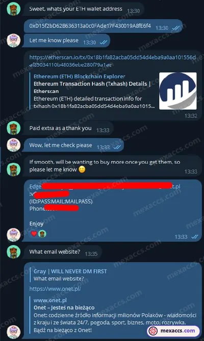 Buyer feedback screenshot posted on the Mexaccs Telegram channel on 2 Oct 2023