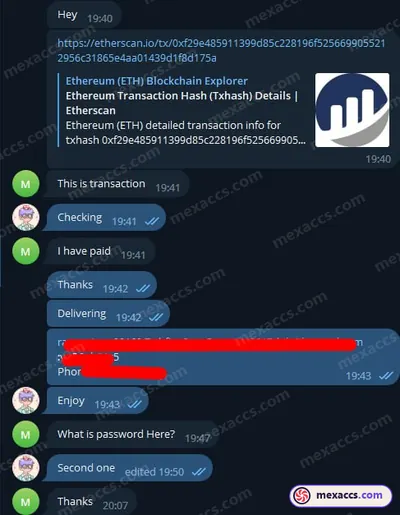 Buyer feedback screenshot posted on the Mexaccs Telegram channel on 2 Oct 2023