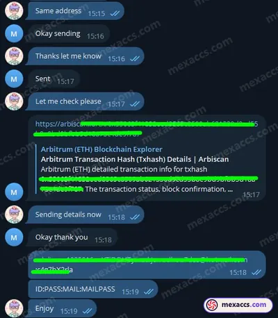 Buyer feedback screenshot posted on the Mexaccs Telegram channel on 14 Jul 2023